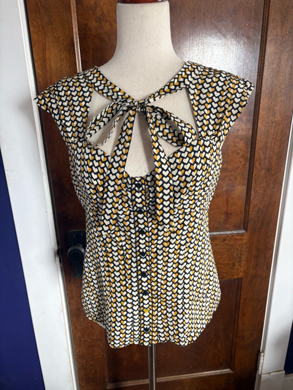 Odille Anthropologie Darling Dear Silk Black White Mustard Heart-Print Tie Top